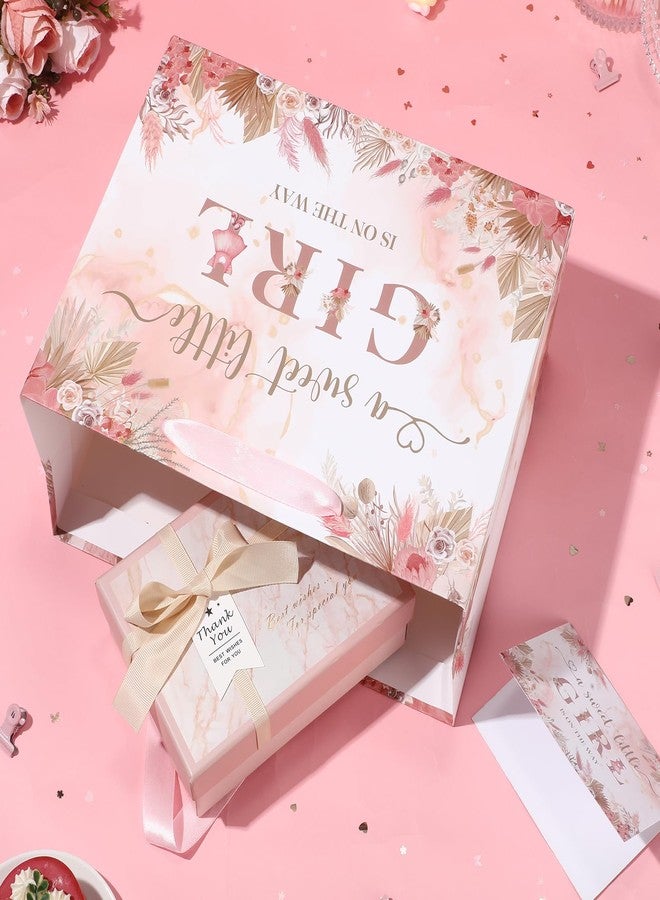 Wayyogh Baby Shower Paper Bag, Pink Floral Sweet Baby Girl Gift Bag with Tissue Paper and Card Boho Dried Flowers Wrap Bag with Handle for Baby Shower Birthday Gender Reveal Party Favors Decorations Supplies - Image 2